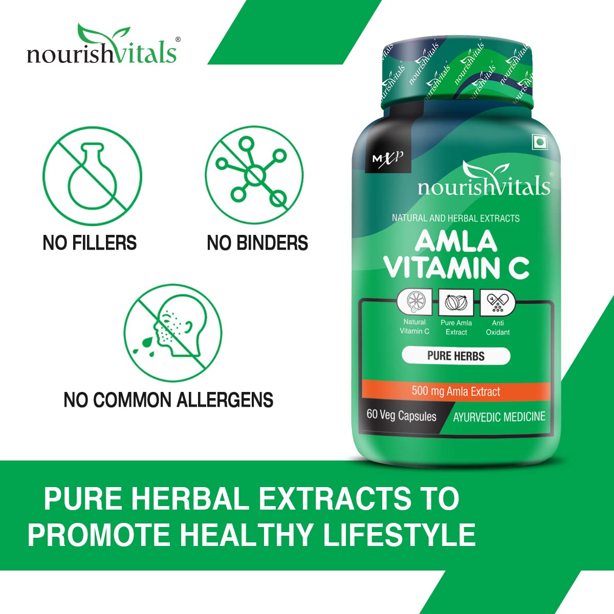 Nourishvitals Amla Vitamin C With Tannins 25% Pure Herbs, 500mg Amla Extract, Antioxidant, Immune, Skin | 60 Veg Capsules, 100gm 0.2lbs