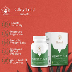 Raaj Ayurvedic Pharmacy Giloy Tulsi Tablets Natural Immunity Booster Ayurved Supplement Enhances Strength & Stamina, Natural Immunity Booster, Purifies Blood & Detoxifies | 60 Tablets 100gm