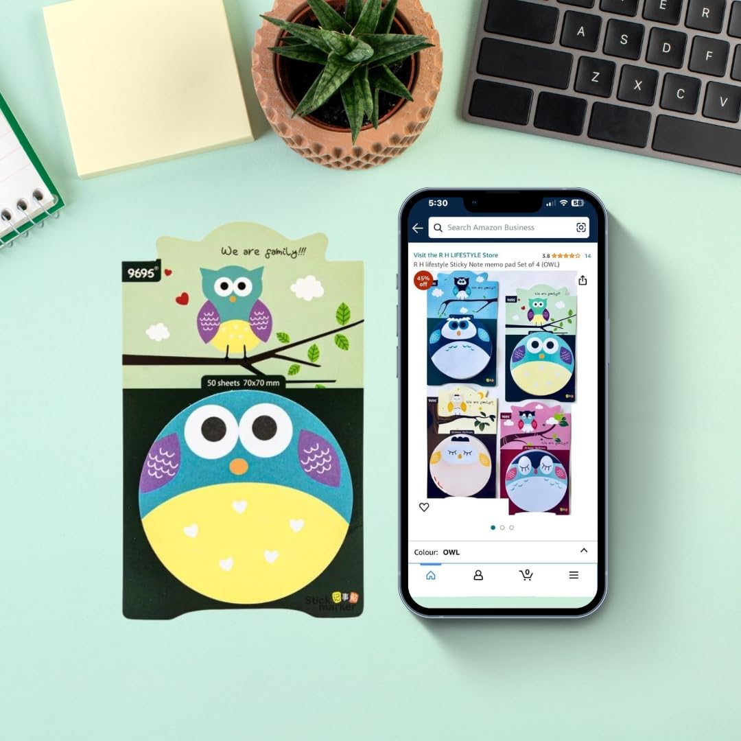 300 Sheets Owl Round Shape Sticky Notes Set - Office Stationery Memo Pad Study Material | Set Of 4