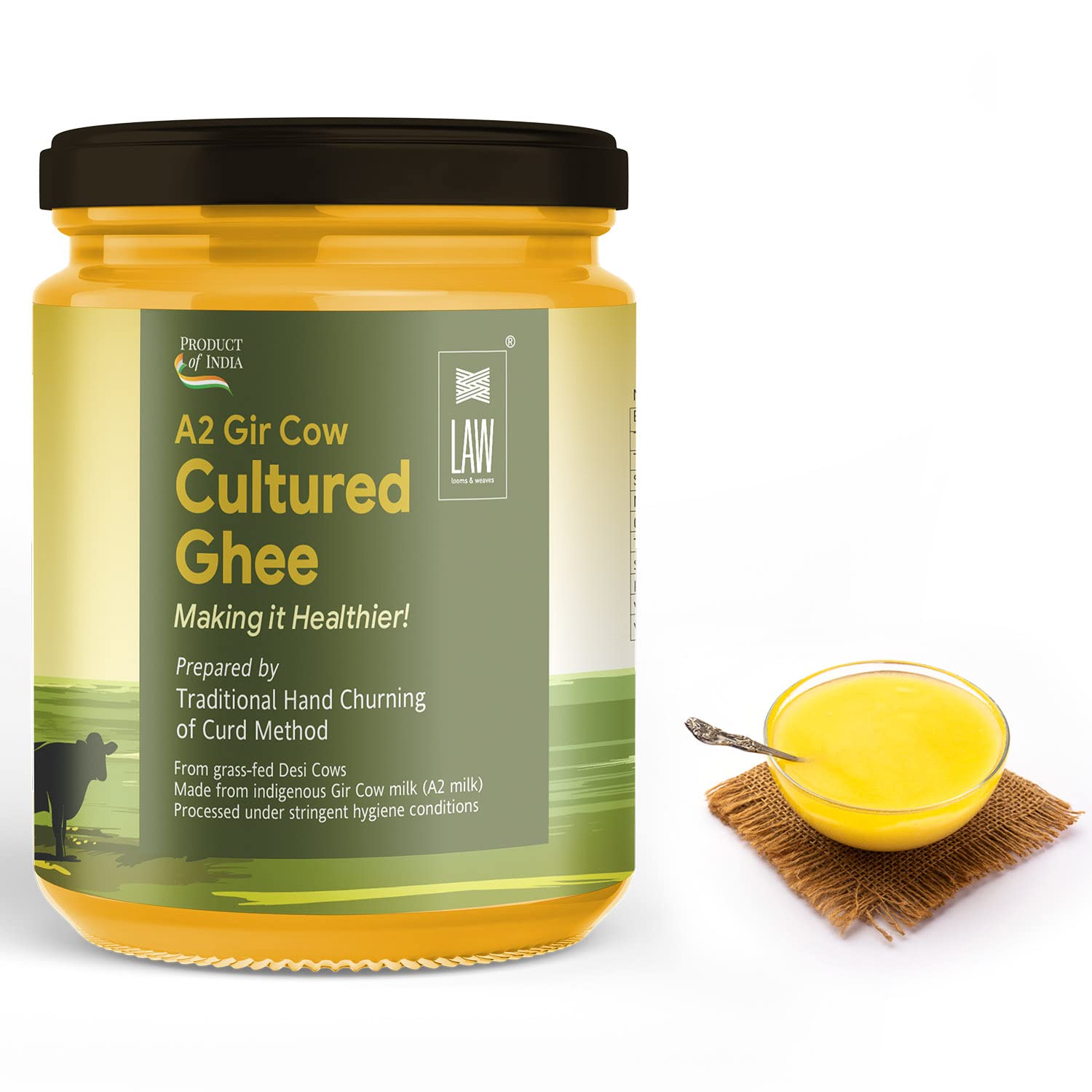 100% Natural A2 Gir Desi Cow Cultured Ghee By Looms & Weaves | Healthy & Delicious Nutrients Pure Desi Ghee Perfect For Protact Eyesight | 1 Litre (500ml * 2) 33.8 Ounce | Jar Pack