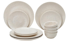 Handmade Ceramic Stoneware Dinner Set - Pack Of 12 Pcs, Ivory White | 4 Dinner Plates, 10.6 Inch Each + 4 Small Plates, 7.4 Inch Each+ 4 Small Dinner Bowl, 180ml Each - Microwave & Dishwasher Safe