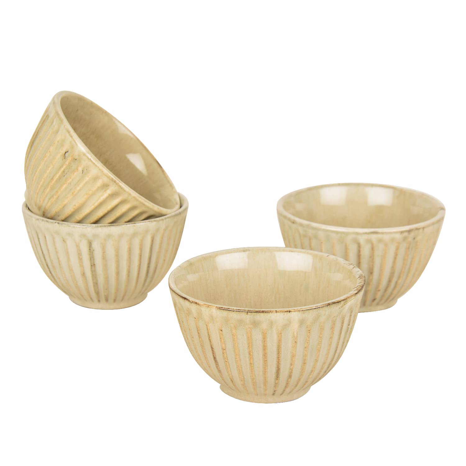 Ribbed Ceramic Dinner Serving Bowls Set Of 4 - Ivory, 150ml Each | Vegetable & Dessert Serving Bowls - Ceramic Salad Bowls