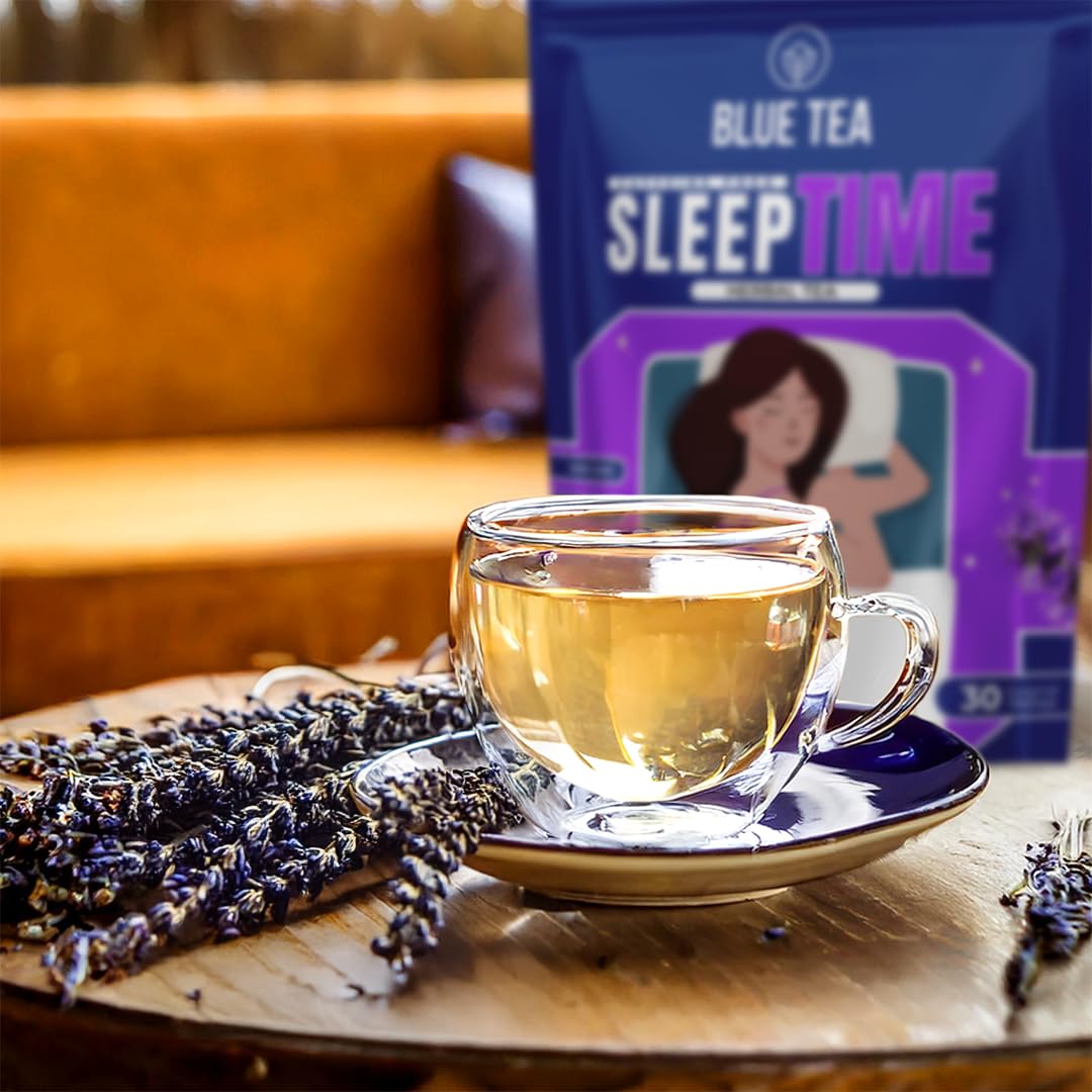 Blue Tea Caffeine Free Sleep Time Herbal Tea - 30 Pyramid Tea Bags In Zip Lock Pack | Made With Chamomile Lavender Valerian Peppermint - Gluten Free, Non-GMO, 100% Vegan & Natural