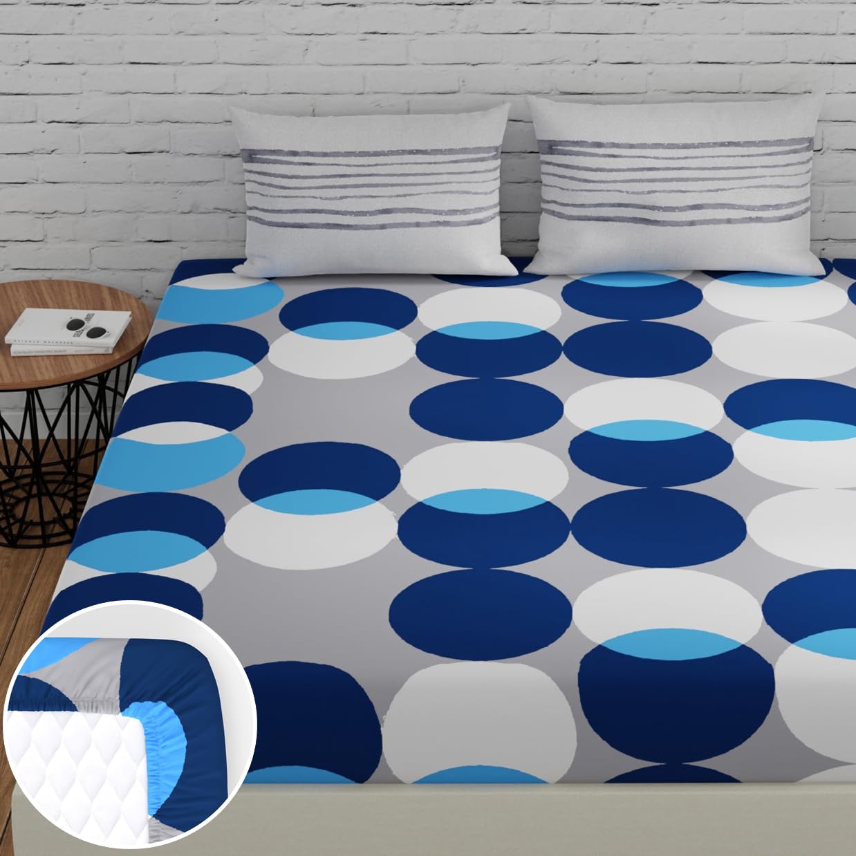 Bedsheets For King Size Bed Cotton With 2 Pillow Covers - 72 X 78 Inches, Blue & Grey | All Around Elastic Fitted | Long Lasting & Soft To Touch