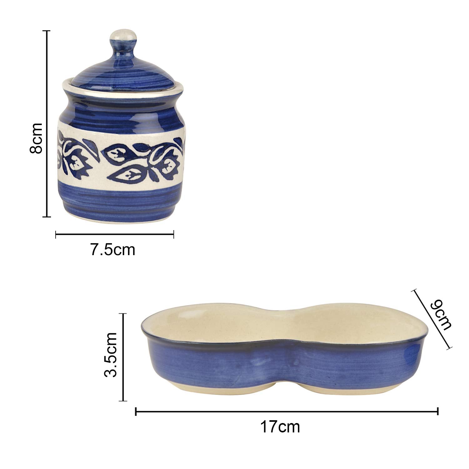 Ceramic Pickle Serving Jar Set With Tray Set Of 2 - 200ml Each, Blue & White | Condiment Set - Pickle Jar Set For Dining Table | Masala Container