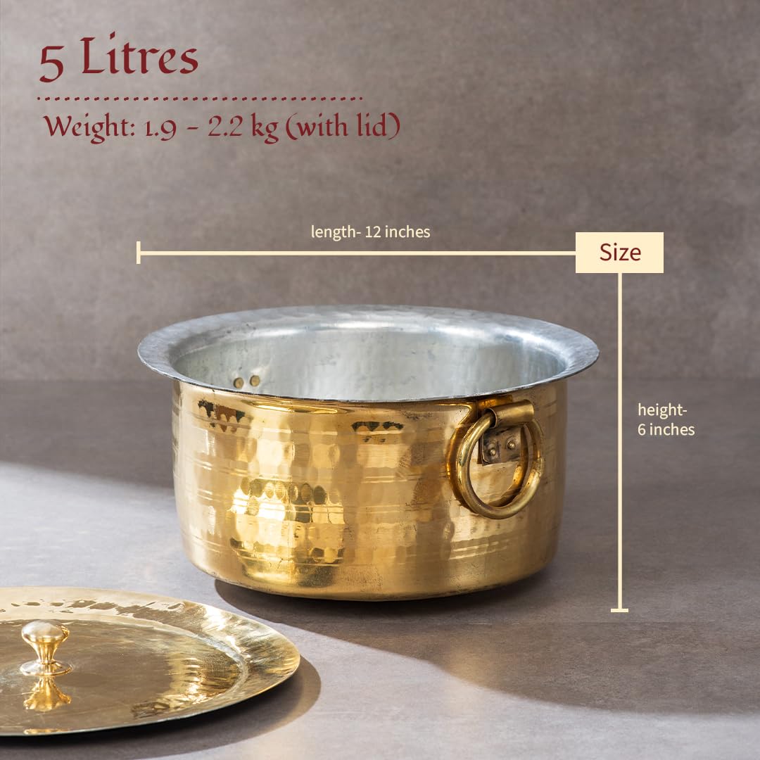 Handcrafted Brass Patila For Cooking, 5 Liters | 100% Pure Brass Round Heavy Bottom | Tapeli - Patila - Bhagona | Golden Brass Handi - Hammered, Polished Cooking Handi