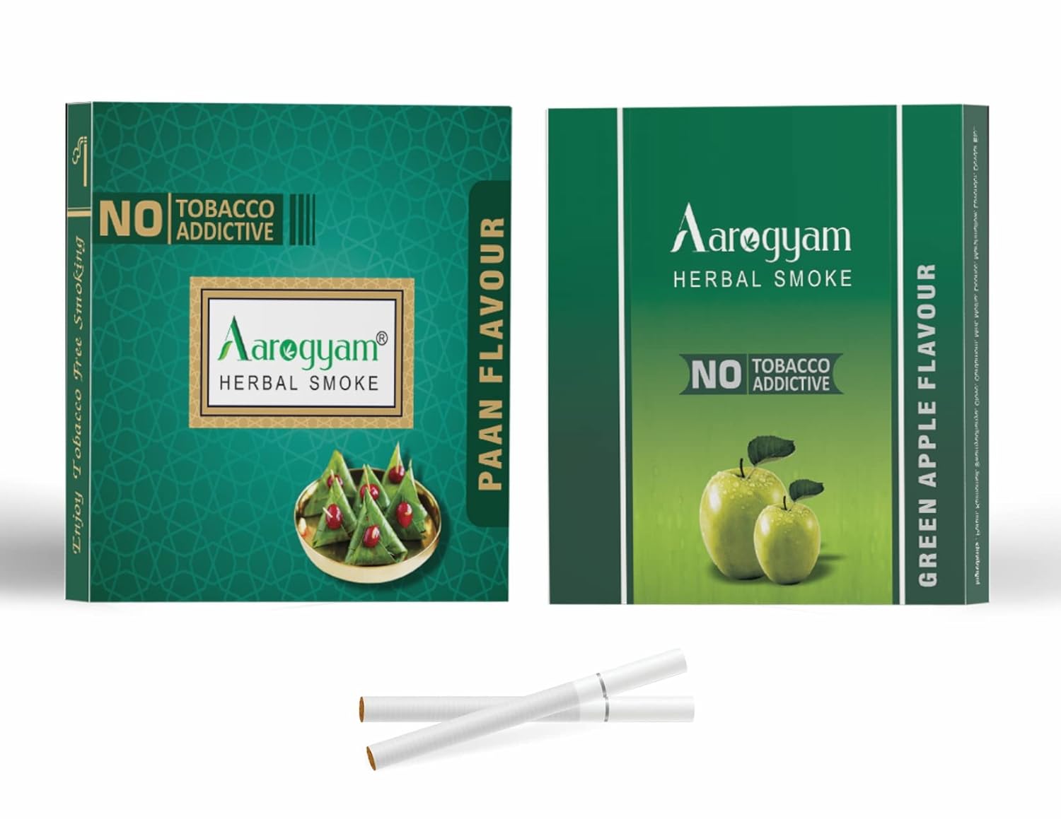 Aarogyam Herbals Pack Of 2 Flavours 100% Tobacco & Nicotine Free Cigarette For Relieve Stress & Mood Enhance Product Green Apple, Paan - 10 Sticks X 2 Packets