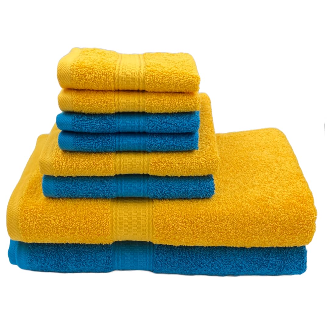 Patpug 100% Indian Cotton Plush Towel Set 2000 Gsm | Highly Absorbent, Fade Resistant, Quick Drying 2 Bath, 2 Hand & 4 Face Towel (Turqoise Blue & Sunrise Yellow) - 8 Piece