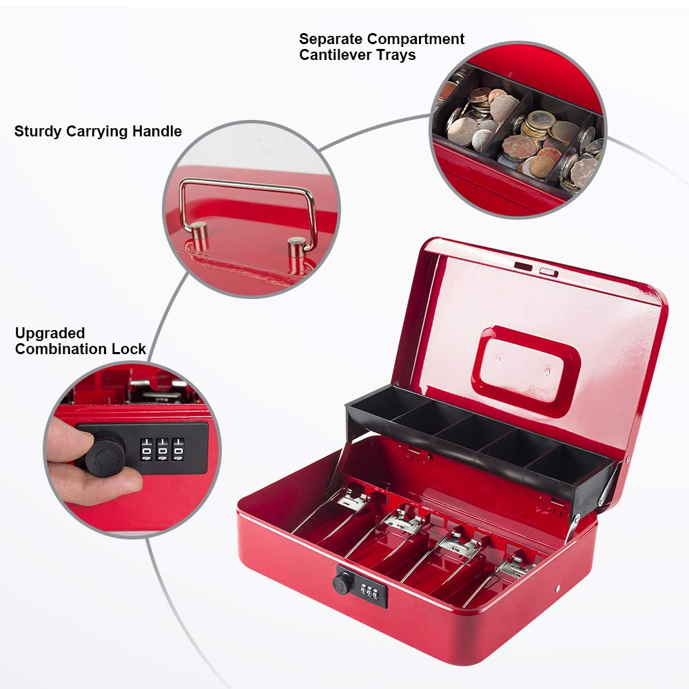Money Box With Combination Lock, Metal Cash Box With Money Tray, Cash Register,5 Compartments Cantilever Tray & 4 Spring Loaded Clips For Bills,11.81"X 9.45"X 3.54" Colour - Red