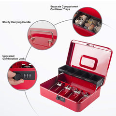 Money Box With Combination Lock, Metal Cash Box With Money Tray, Cash Register,5 Compartments Cantilever Tray & 4 Spring Loaded Clips For Bills,11.81"X 9.45"X 3.54" Colour - Red