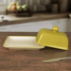 Glazed Ceramic Butter Dish With Lid - Lime Green, Height: 8 Cm | Butter Serving Set - Butter Container For 500 Gm