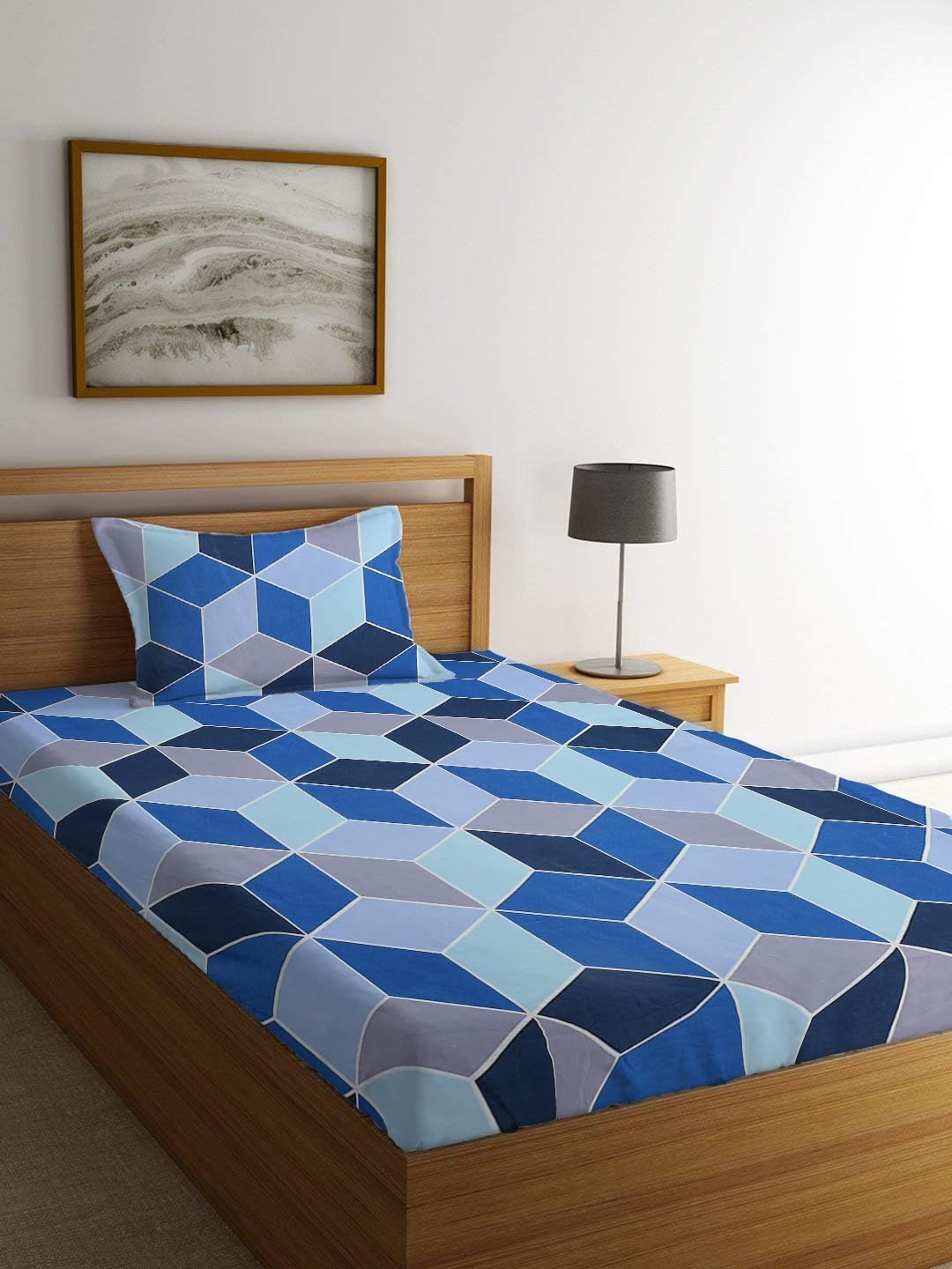 Bedsheet Single Size Elastic Fitted With 1 Pillow Cover - 48 X 72 X 8 Inches, Blue & Grey | Soft Touch To Skin | Perfect Ideal For House, Hotel, Guest House Bedsheet
