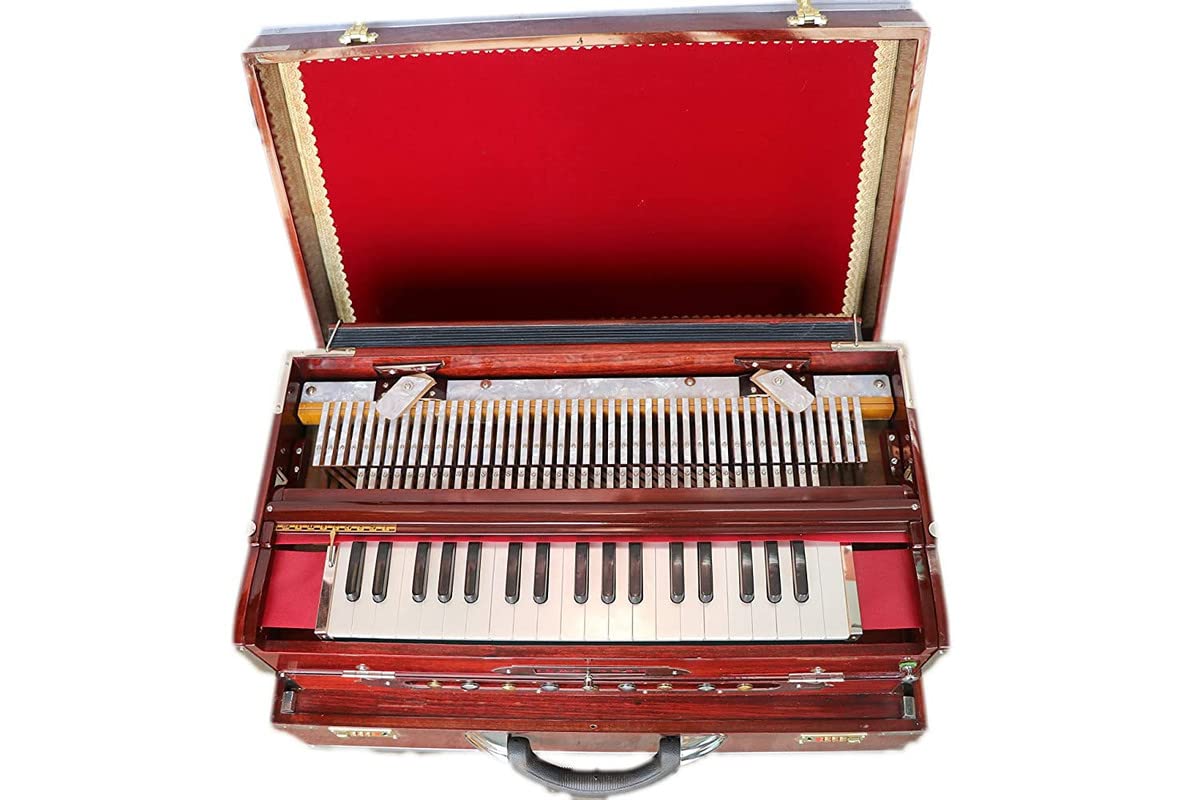 Musical Instrument Harmonium With Full Padding Chain Cover - 13 Scale Changer, 3 3/4 Octave, 3 Set Of Premier Star Reeds (Base, Male & Female), 37 Italian Keys, Seven Folded Below