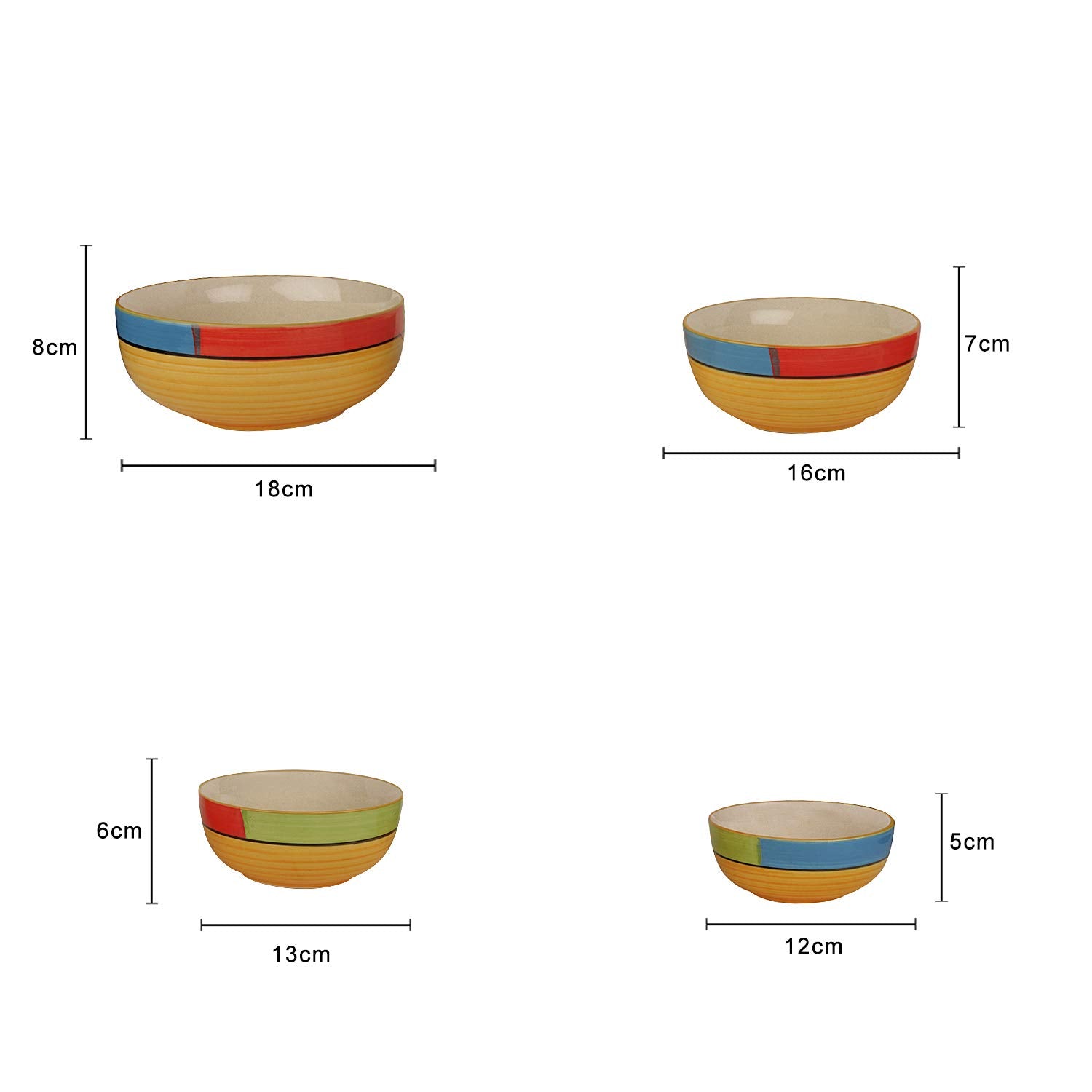 Studio Pottery Hand Painted Dinner Serving Bowl Set Of 4 - 1200ml+650ml+450ml+250ml, Orange, Green & Yellow | Dinner Serving Donga Set - Stackable Kitchen Bowl Set