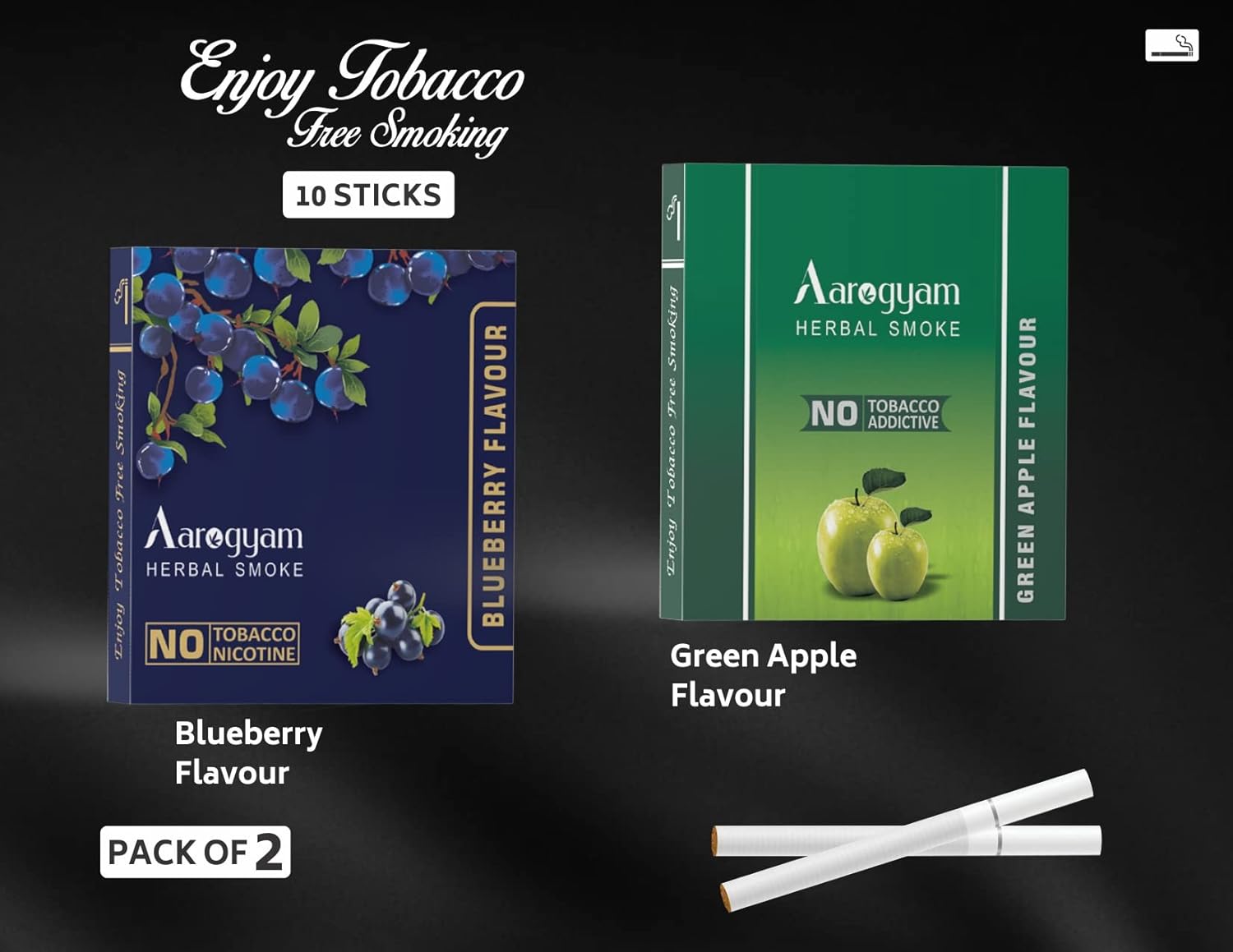 Aarogyam Herbals Pack Of 2 Flavours 100% Tobacco & Nicotine Free Cigarette For Relieve Stress & Mood Enhance Product Green Apple, Blueberry - 10 Sticks X 2 Packets