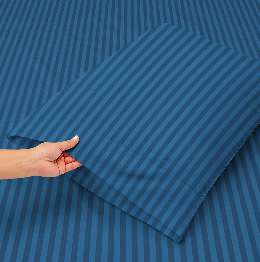 Double Bedsheets With 2 King Size Pillow Covers - King Size 90 x 100 Inches - Blue | All Around Elastic 210 TC Super Soft Striped Pattern Breathable