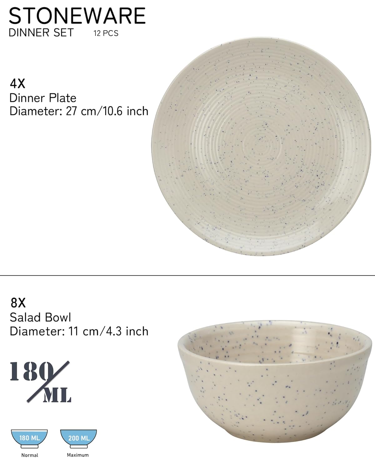 Handcrafted Ceramic Stoneware Dinner Set - Pack Of 12 Pcs, Ivory White | 4 Dinner Plates, 10.6 Inch Each + 8 Salad Bowl, 180ml Each - Microwave & Dishwasher Safe | Crockery Set For Dining & Gifting