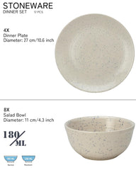 Handcrafted Ceramic Stoneware Dinner Set - Pack Of 12 Pcs, Ivory White | 4 Dinner Plates, 10.6 Inch Each + 8 Salad Bowl, 180ml Each - Microwave & Dishwasher Safe | Crockery Set For Dining & Gifting