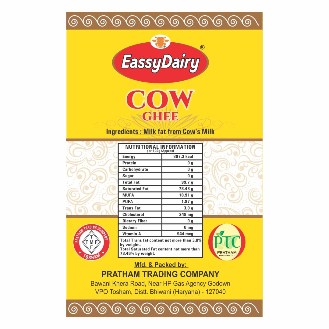 Natural Pure Desi Cow Ghee By EassyDairy | Naturally Rich Taste & Aroma Desi Pure Ghee Perfect For Dishes | (1 Litr) 33.8 Ounce | Box Pack