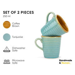 Ceramic Organic Coffee Cup Set Of 2 - 290ml Each, Turquoise Blue | Medium Cup With Glossy Finish - Stoneware Coffee Cup Set - Ceramic Everyday Cup | Microwave Safe & Dishwasher Safe