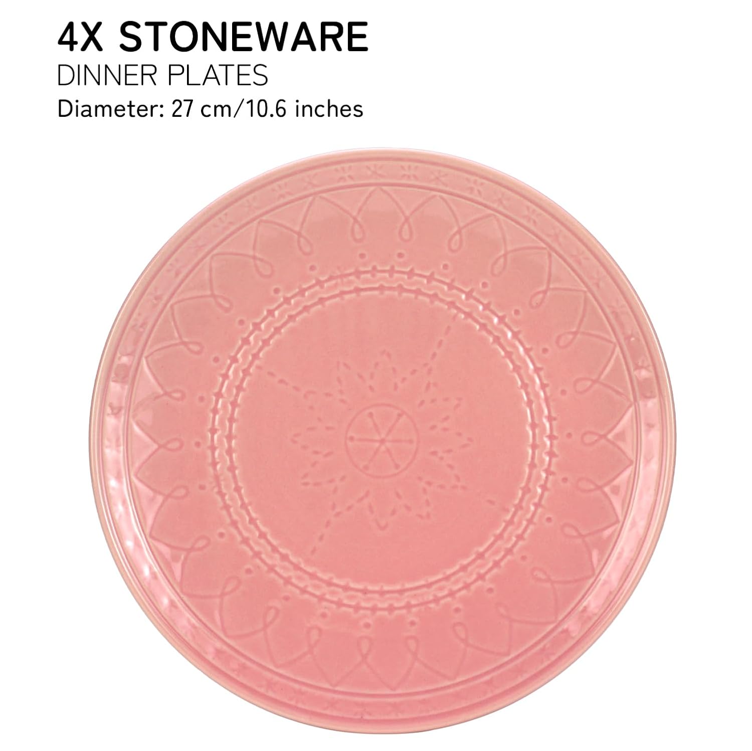 Ceramic Hand Glazed Stoneware Embossed Large Dinner Plates Set Of 4 - 10.6 Inch, Light Pink | Microwave Safe & Dishwasher Safe