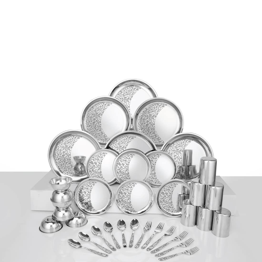 Designer Stainless Steel Delight Laser Bloom Leaf Dinner Set Of 36 Pieces, Silver | 6 Dinner Plates+ 6 Side Plates+ 6 Glasses+ 6 Bowls+ 6 Dessert Spoons+ 6 Dessert Fork