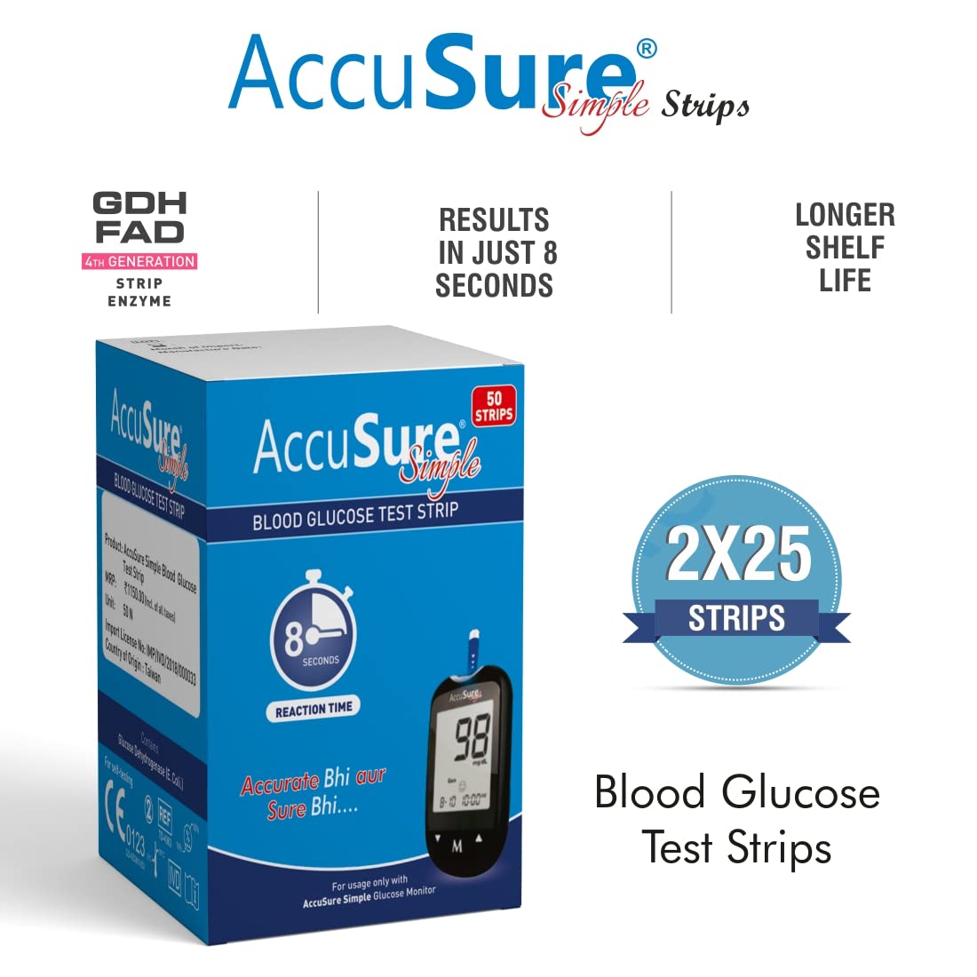 AccuSure Simple Blood Glucose Test Strip - (50 Strips)