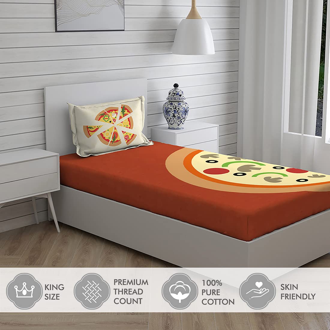 Cotton Bedsheet Set For Single Bed - Size 59 X 88 Inches, Red | 1 Single Bed Sheet With 1 Pillow Cover - Light Weight & Breathable, All Season Comfort-Pizza Pattern Bedsheet