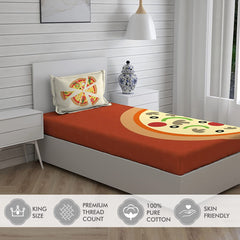 Cotton Bedsheet Set For Single Bed - Size 59 X 88 Inches, Red | 1 Single Bed Sheet With 1 Pillow Cover - Light Weight & Breathable, All Season Comfort-Pizza Pattern Bedsheet
