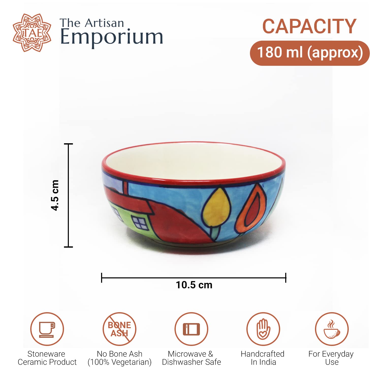 Exotic Panorama Hand Painted Ceramic Dining Bowl Katoris - 4 Pieces, 180ml Each, Multicolor | Ceramic Bowls - Serving Bowls For Dinner, Snacks & Dessert - Microwave Safe