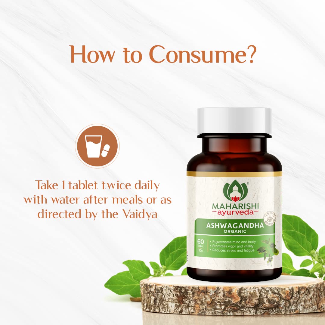 Maharishi Ayurveda Organic Ashwagandha 100% Organic General Wellness Tablets Rejuvenates Mind & Body, Made With Pure Herbs | 60 Tablets 100gm 0.2lbs