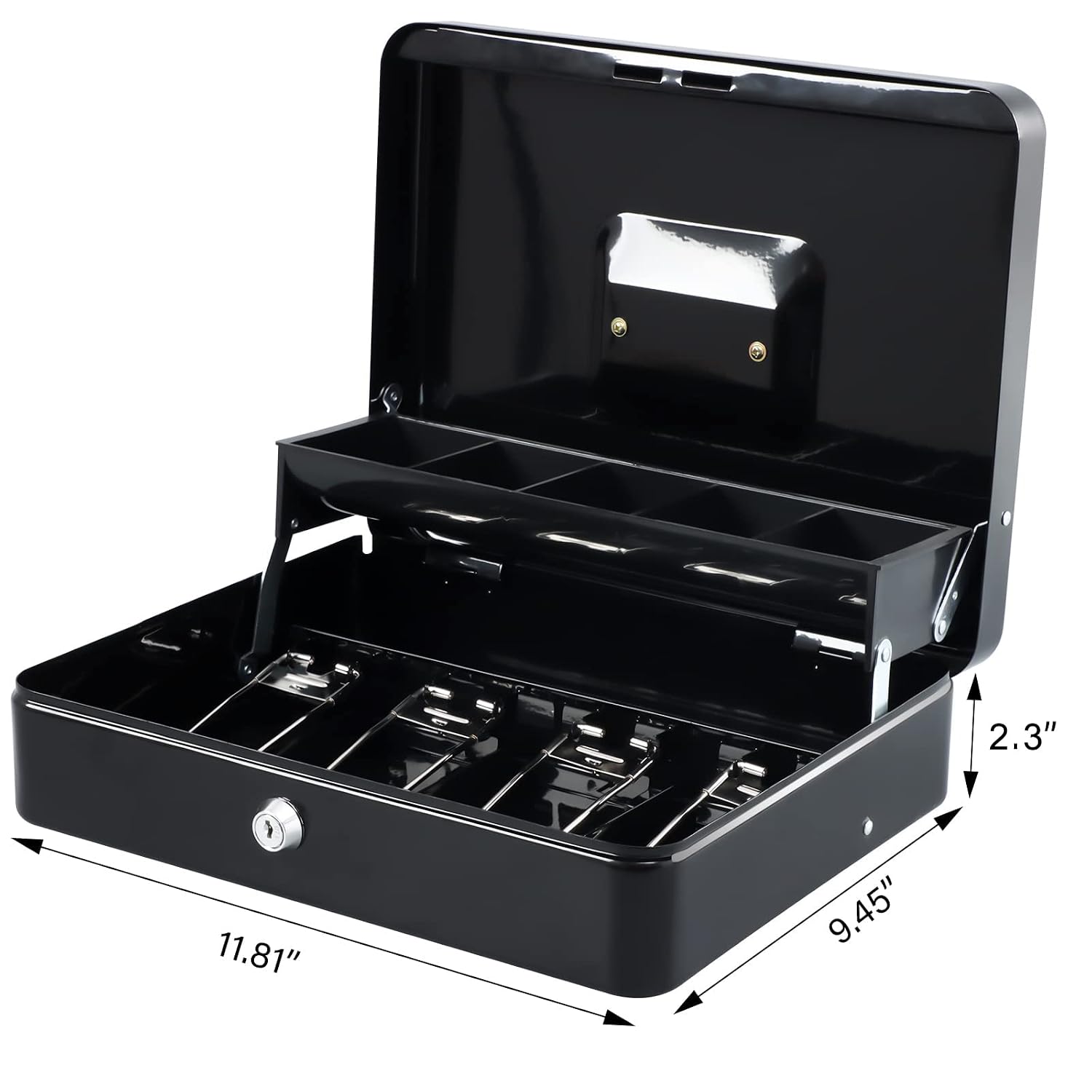 Locking Cash Box With Lock, Money Box With Cash Tray, Lock Safe Box With Key, Money Saving Organizer,11.81lx 9.45 Wx 3.54h Inches, Colour - Black Xl Large