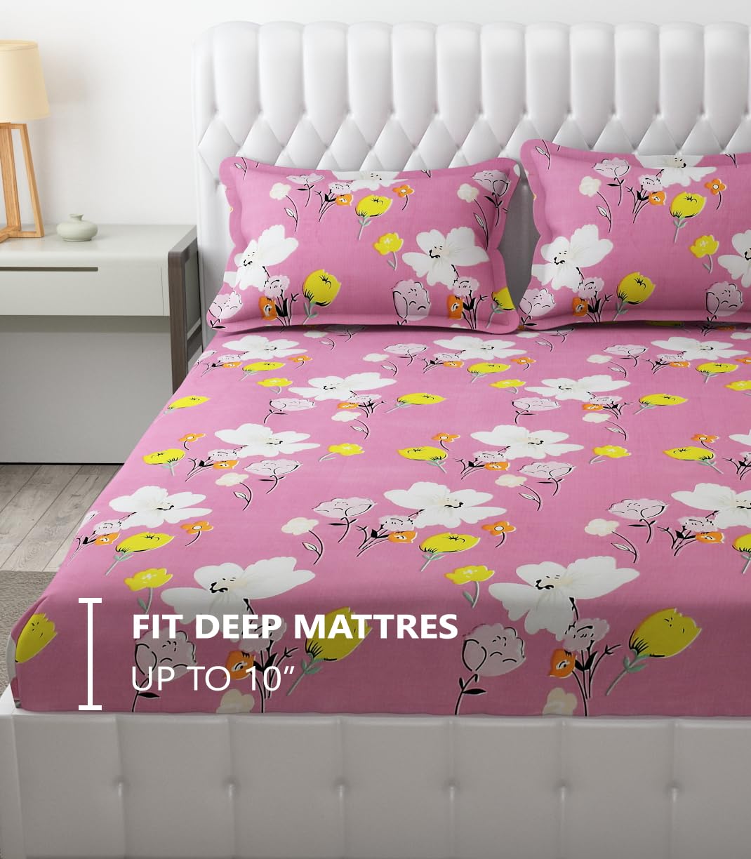 King Size Bedsheet With Two Pillow Cover (Size - 78 X 72 Inches, Pink & White) | Elastic Fitted Floral Bedsheet | Best For Festival Gifting