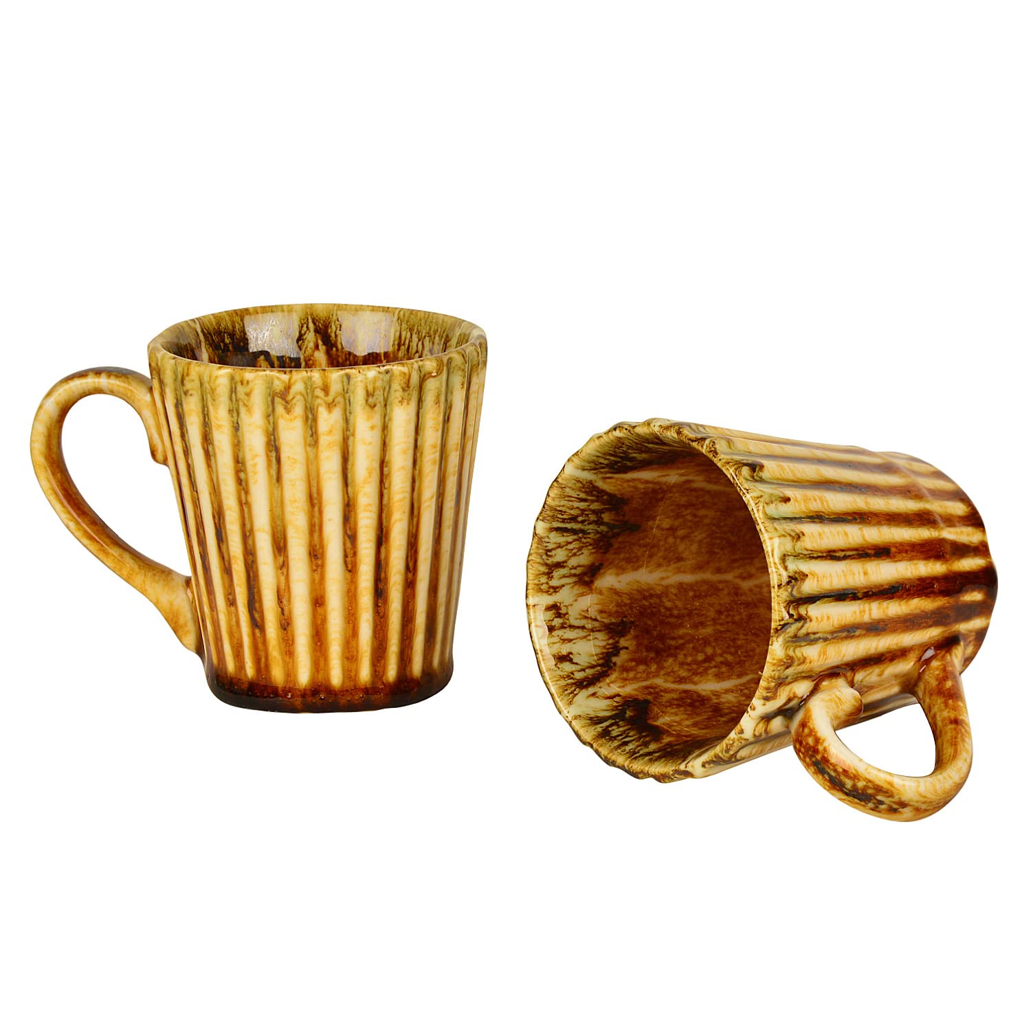 Ceramic Ribbed Coffee Mugs Set Of 2 - 300ml Each, Brown | Milk Mugs - Chai Cups - Tea Cups & Mugs