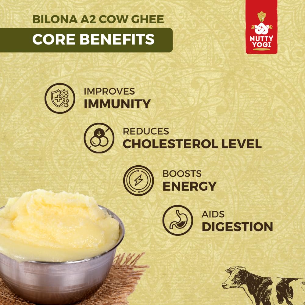 Premium Pure Bilona A2 Desi Cow Ghee By Nutty Yogi | Delicious & Nutritious Healthy Desi Cow Ghee Good For Improves Immunity | (500ml) 16.9 Ounce | Jar Pack