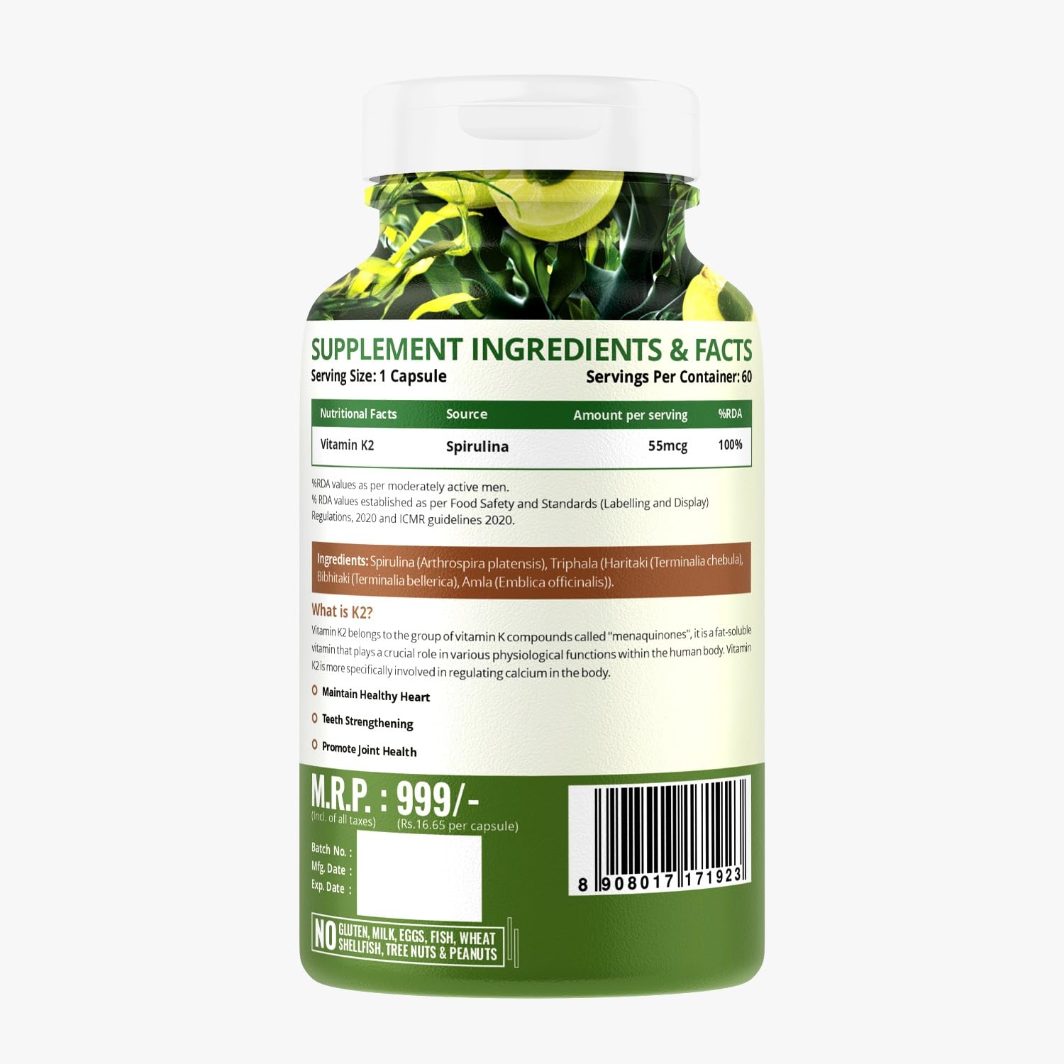 Naturelife Organics Plant - Based Vitamin K2 Supplement Supports Stronger Bone & Heart Health | 60 Veg Capsules , 100gm 0.2lbs