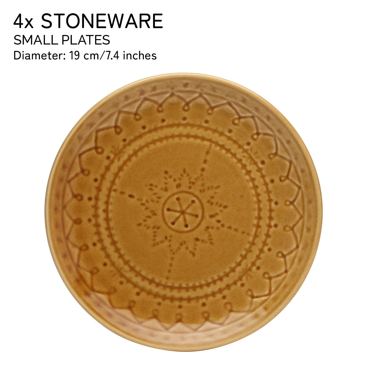 Ceramic Hand Glazed Stoneware Embossed Small Plates Set Of 4 - 7.4 Inch, Golden Brown | Microwave Safe & Dishwasher Safe – Handcrafted Quarter Plates Set