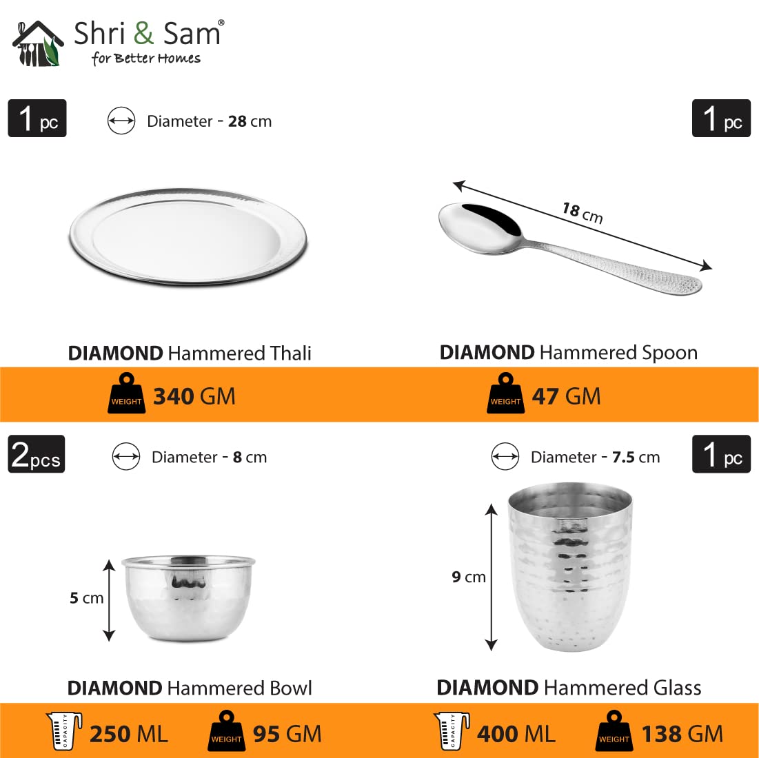 Silver Stainless Steel Hammered Diamond Thali Set Of 5 | 1 Thali+ 1 Glass+ 2 Katoris+ 1 Spoon - Easy To Clean & Dishwasher Friendly