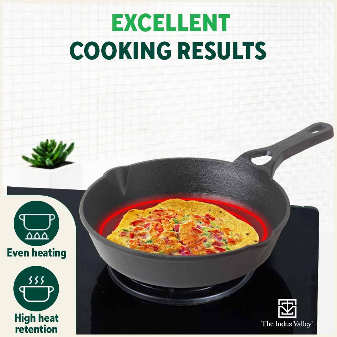 Pre-Seasoned Black Cast Iron Fry Pan Or Skillet With Glass Lid - Medium, 20.3cm, 8 Inch, 0.9 Ltr, 1.6 Kg | Induction Friendly, Nonstick Fry Pan, 100% Pure & Toxin Free, No Chemical Coating