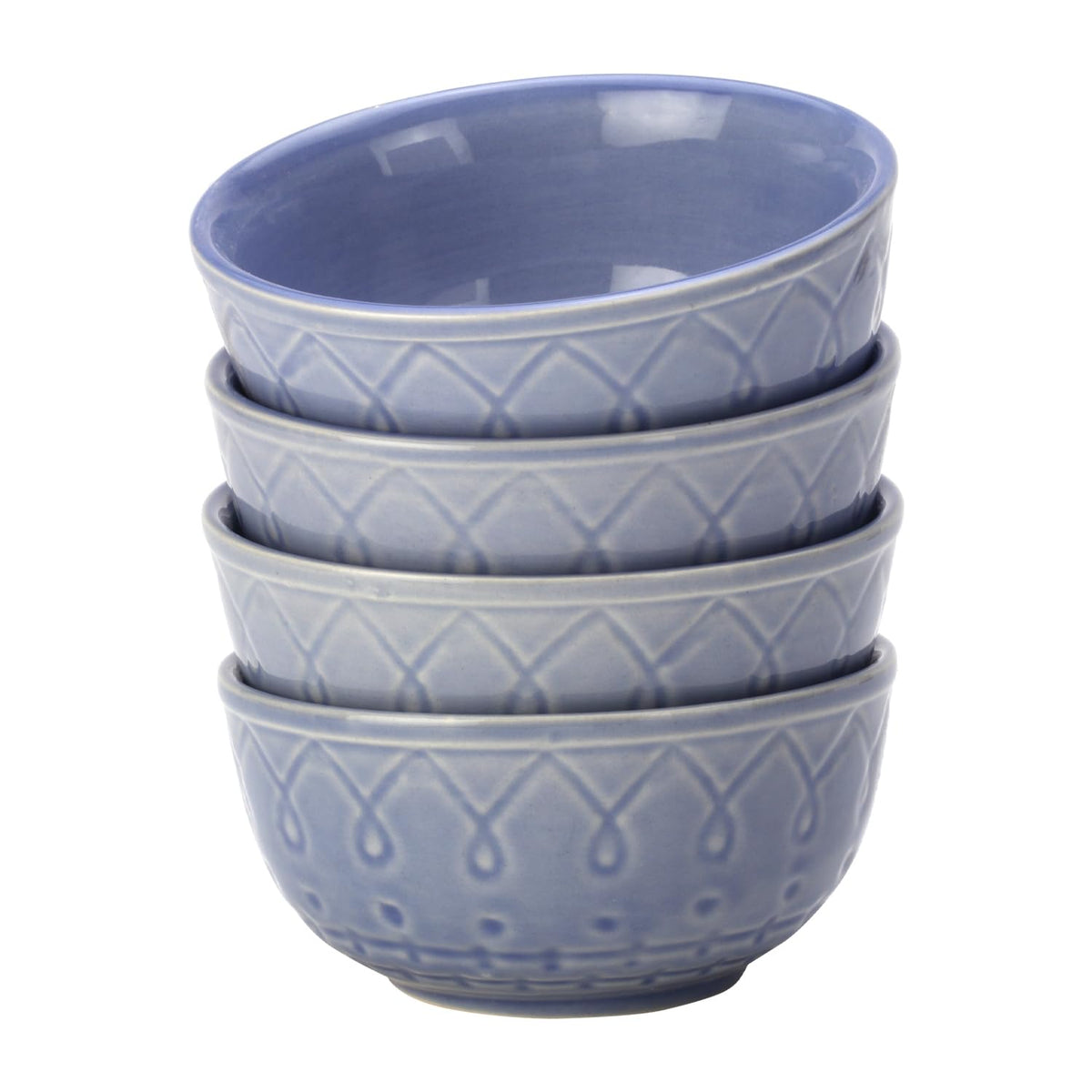 Ceramic Hand Glazed Stoneware Embossed Dinner Katori Set Of 4 - 180ml Each, Mist Blue | Microwave Safe & Dishwasher Safe - Small Serving Bowl Set