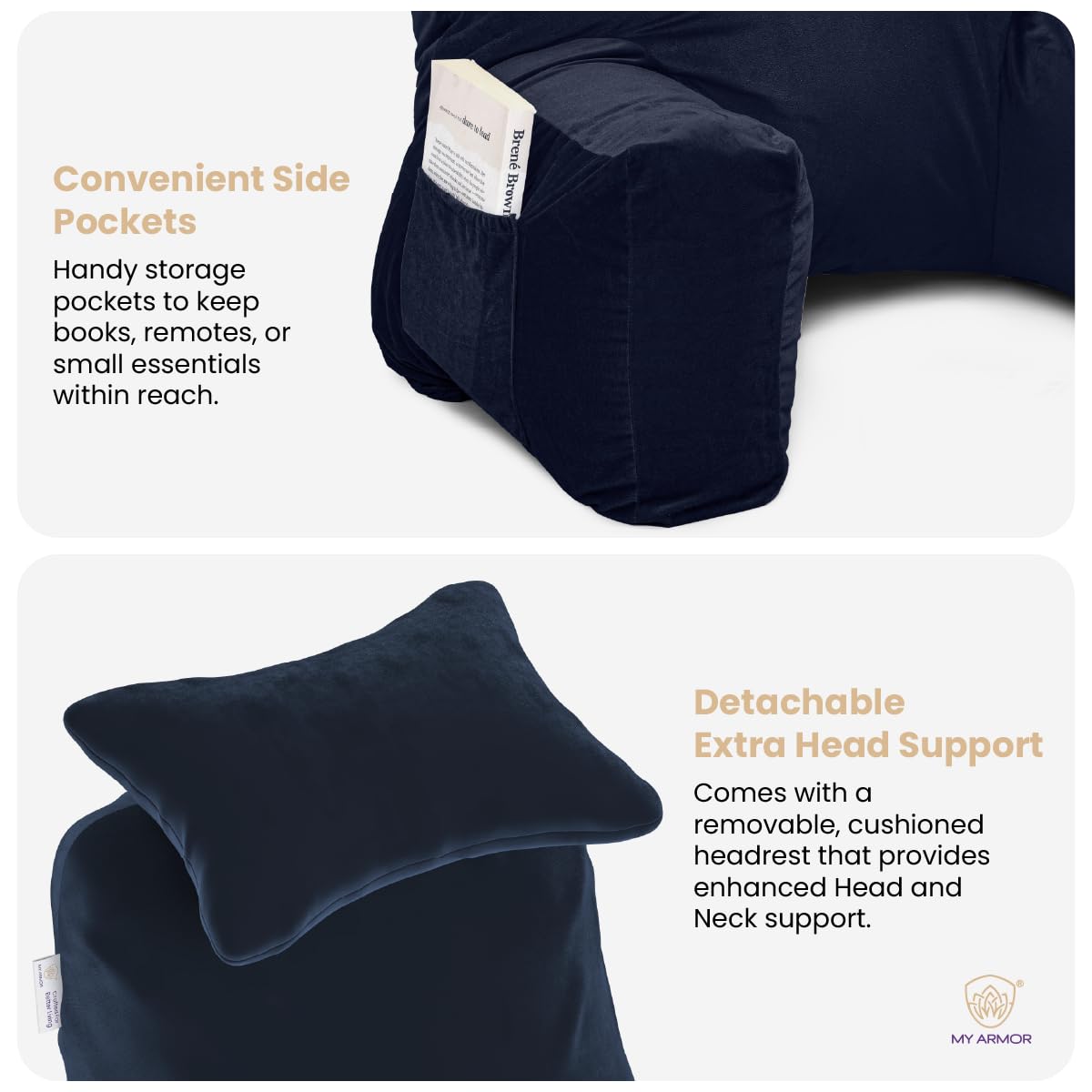Backrest Pillow For Bed With Detachable Neck Rest & Support Arms, Navy Blue | Soft Reading Pillow, Back Support Wedge Pillow For Working, Seating & Relaxing In Bed, Adjustable Pillow