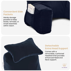 Backrest Pillow For Bed With Detachable Neck Rest & Support Arms, Navy Blue | Soft Reading Pillow, Back Support Wedge Pillow For Working, Seating & Relaxing In Bed, Adjustable Pillow