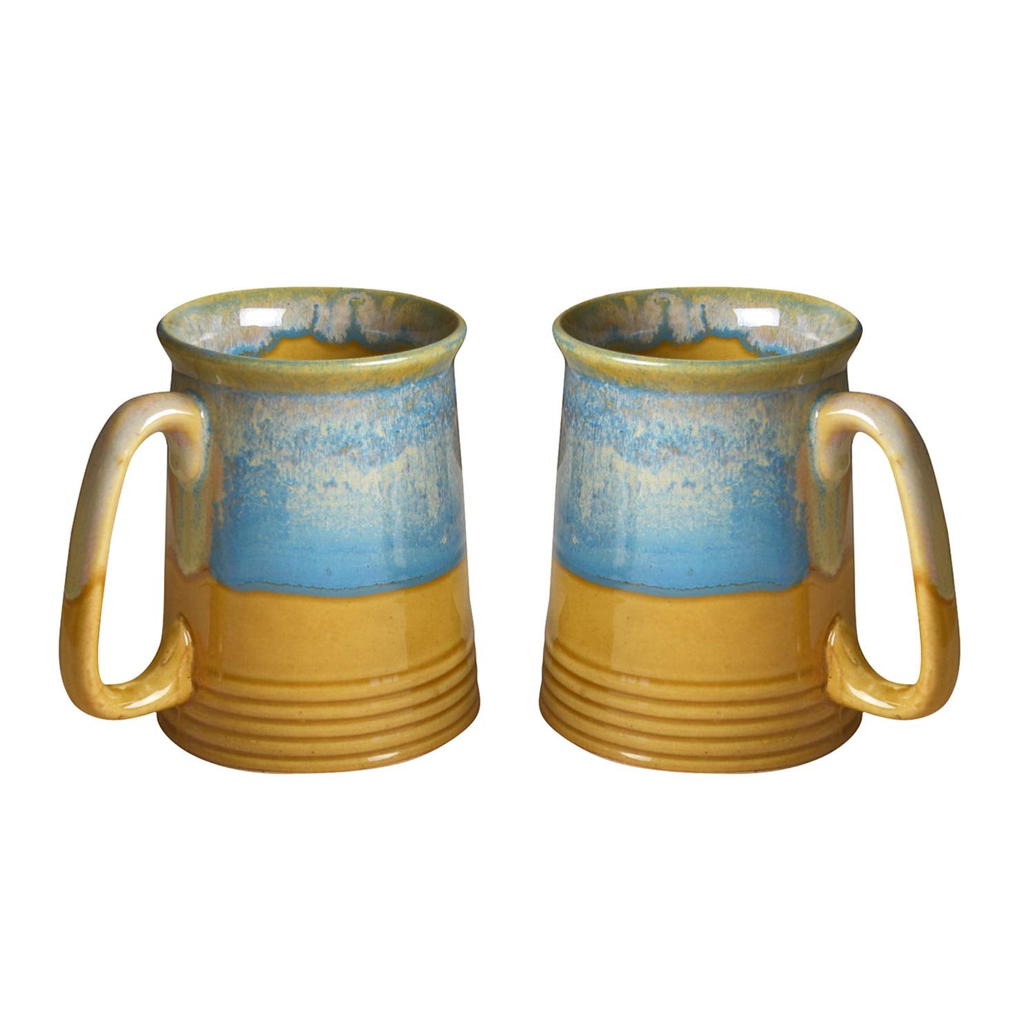 Dual Glazed Studio Pottery Ceramic Beer Mugs Set Of 2 - 650ml Each, Mustard Yellow & Teal | Milk Mugs - Coffee Mugs