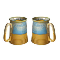 Dual Glazed Studio Pottery Ceramic Beer Mugs Set Of 2 - 650ml Each, Mustard Yellow & Teal | Milk Mugs - Coffee Mugs