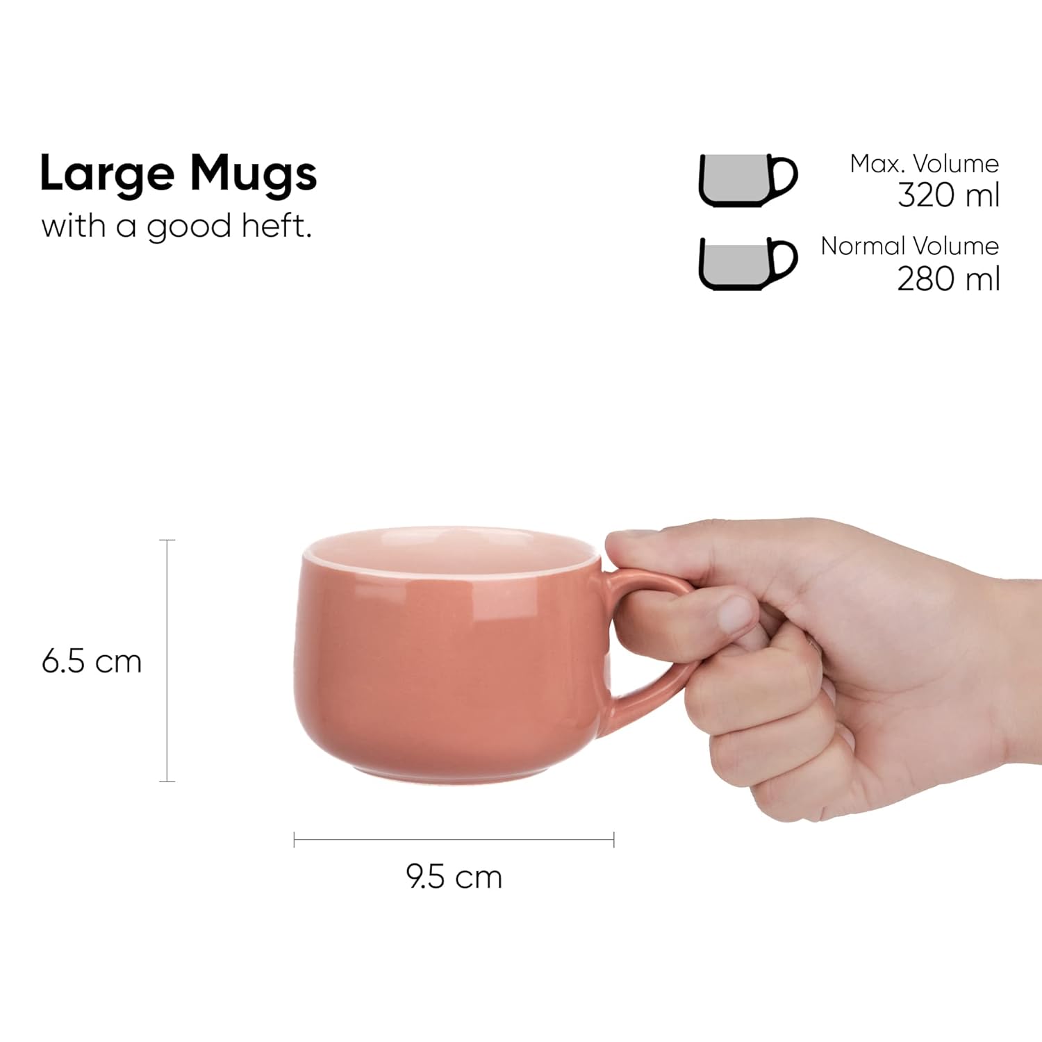 Ceramic Medium Cup Set Of 2 - Pink, 320ml Each | Cup Set Of 2 For Coffee & Tea With Glossy Finish - Premium Stoneware Ceramic Cup | Microwave Safe & Dishwasher Safe