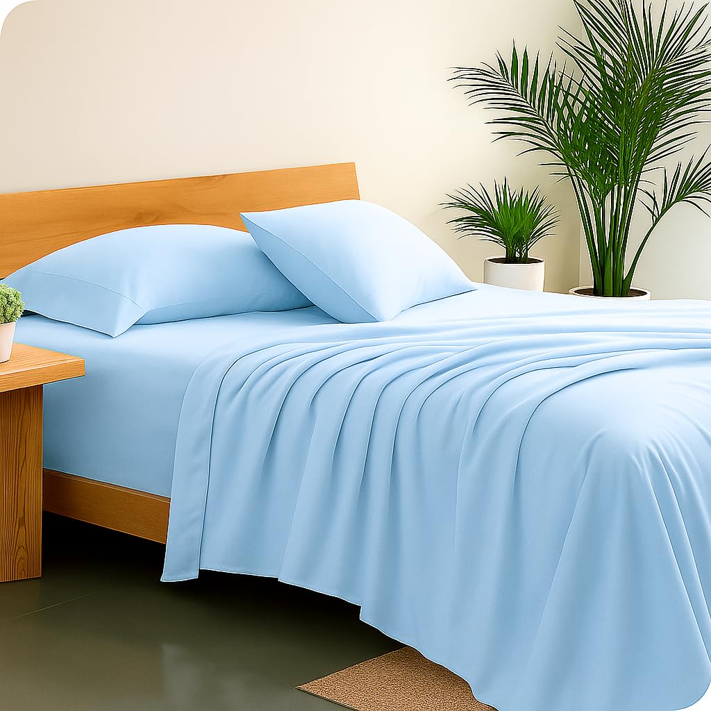 Print King Size Flat Sheet With 2 Pillow Covers - 108 X 108 Inches, Light Blue | Soft, Breathable & Skin-Friendly Bedding For Daily Use | Machine Washable & Long-Lasting