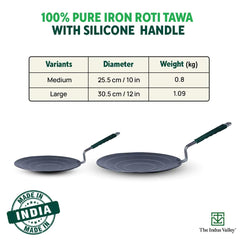 Pre-Seasoned Black Iron Concave Tawa For Dosa, Chapathi With Silicone Grip - 25.5cm, 10 Inch, 0.8 Kg | Gas Compatible, 100% Pure & Toxin-Free, No Chemical Coating