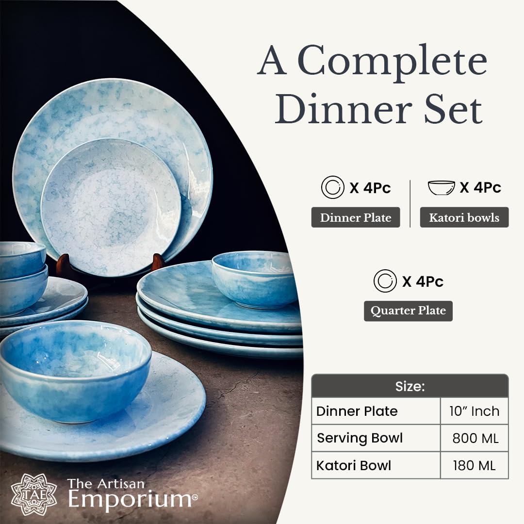 Neelam Handcrafted Ceramic Dinner Set - 12 Pieces, Blue | 4 Dinner Plates + 4 Katori Bowls, 180ml Each+ 4 Quarter Plates Dinnerware Set | Serving For 4, Microwave Safe & Dishwasher Safe