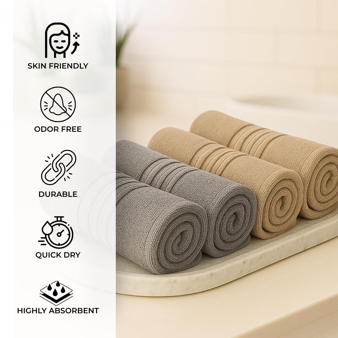 Akiko Home 100% Cotton Essential Series Face Towel 600 Gsm | Soft Absorbent & Durable Washcloth For Men & Women, Compact Travel Towel -Pack Of 4 (Grey & Beige)