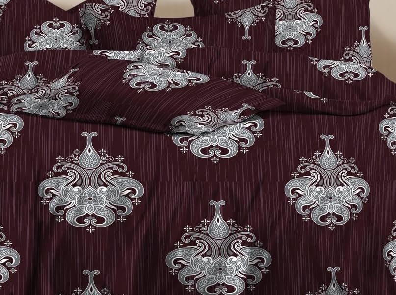 Super Soft Double Bedsheet For King Size With 2 Pillow Cover + Comforter - 72 X 78 Inches, Wine | Super Soft Glace Cotton All Around Elastic Fitted Bedsheet